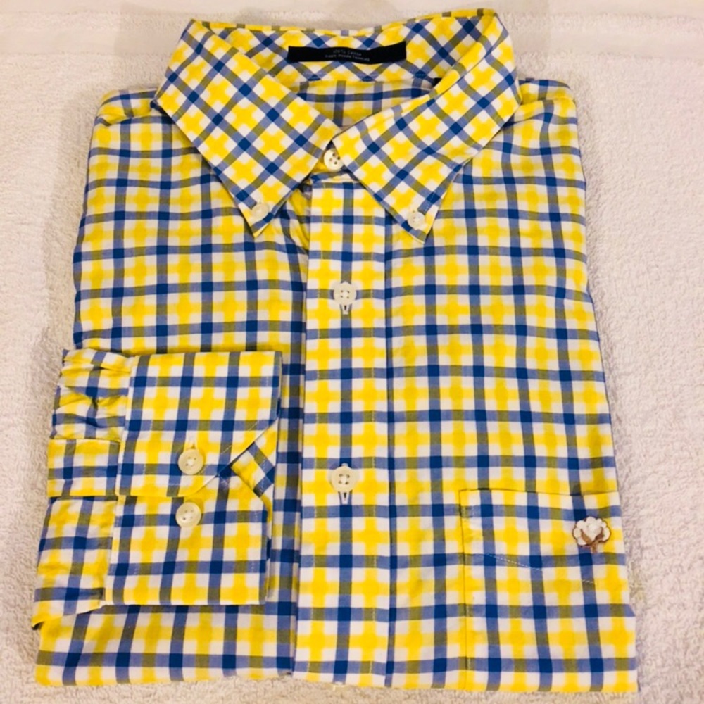 Cotton Brothers Yellow, White & Blue Plaid Shirt L